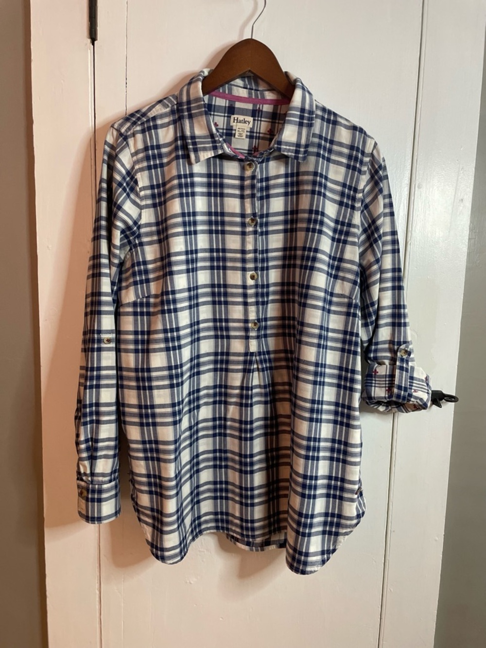 HATLEY Blue & White Plaid Pop Over Double Cotton Roll Sleeve Shirt Size XL